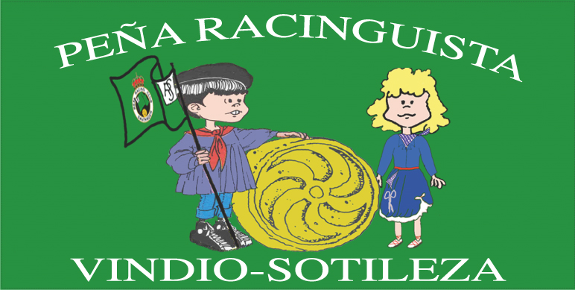 Peña Racinguista Vindio-Sotileza: un niño con la bandera del Racing y una niña, junto a la estela cántabra