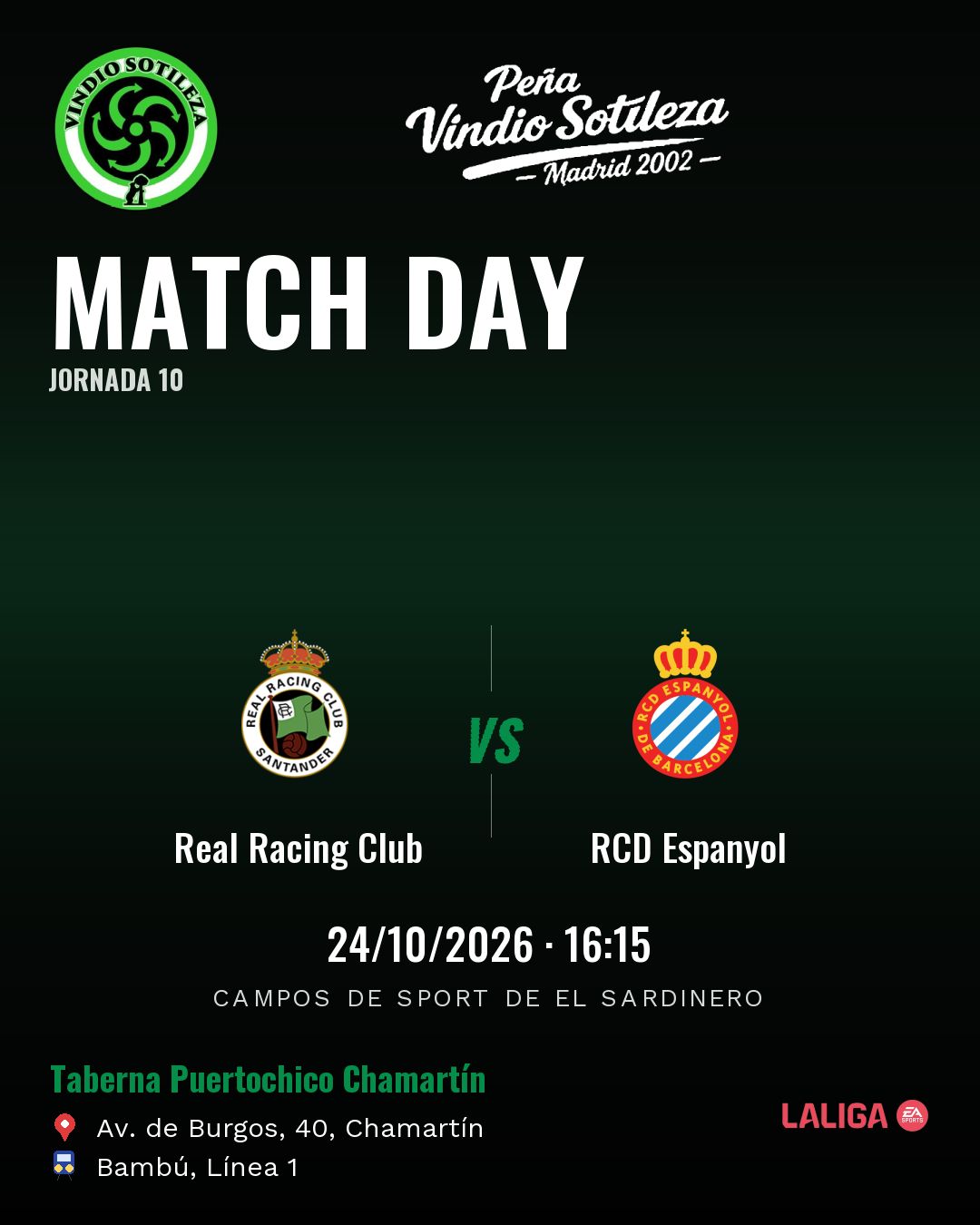 Cartel: Real Racing Club – RCD Espanyol, sáb 24 oct · 16:15, quedamos en Taberna Puertochico Chamartín (Día de partido · pendiente)