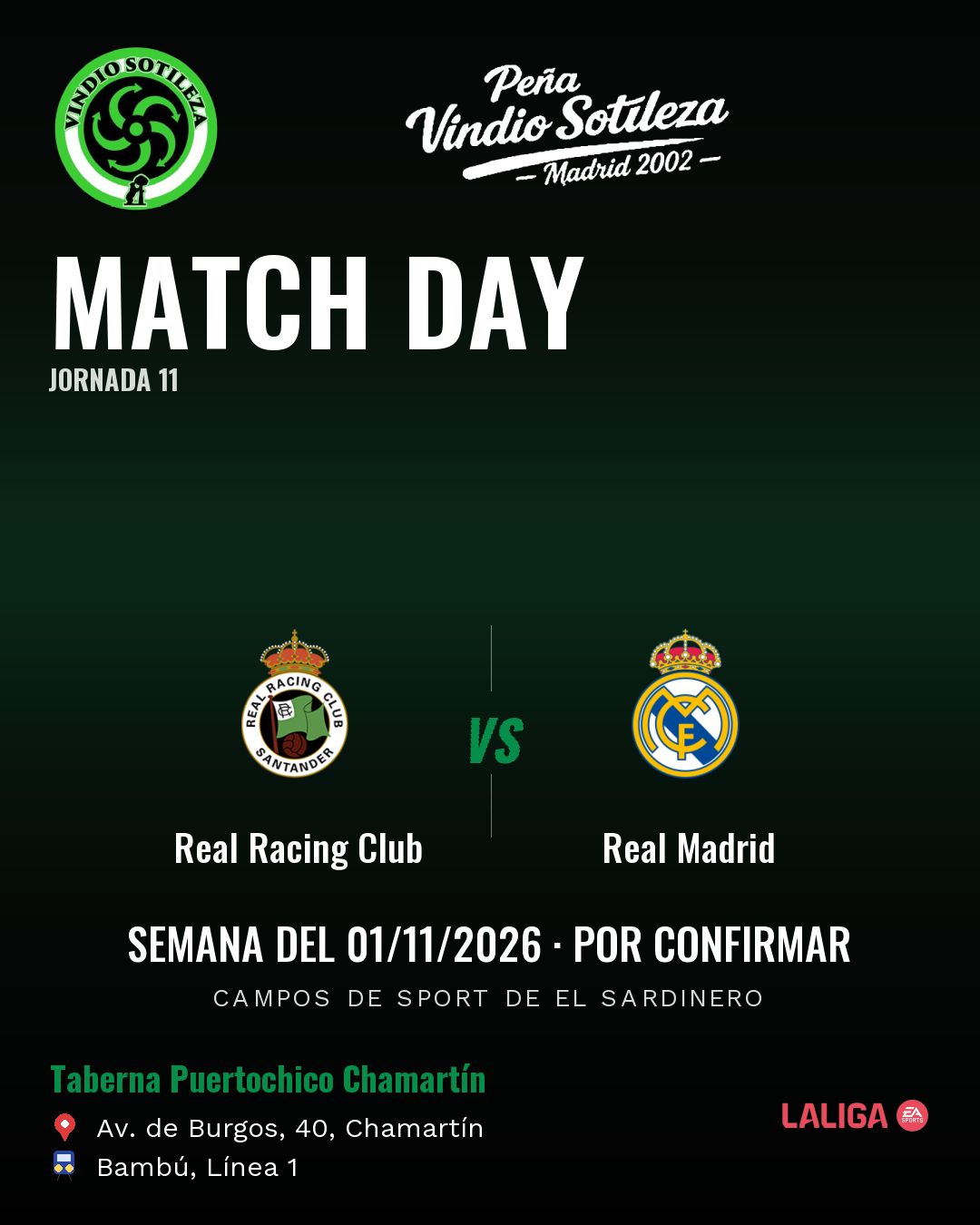 Cartel: Real Racing Club – Real Madrid, 1 nov · día y hora por confirmar, quedamos en Taberna Puertochico Chamartín (Día de partido · pendiente)