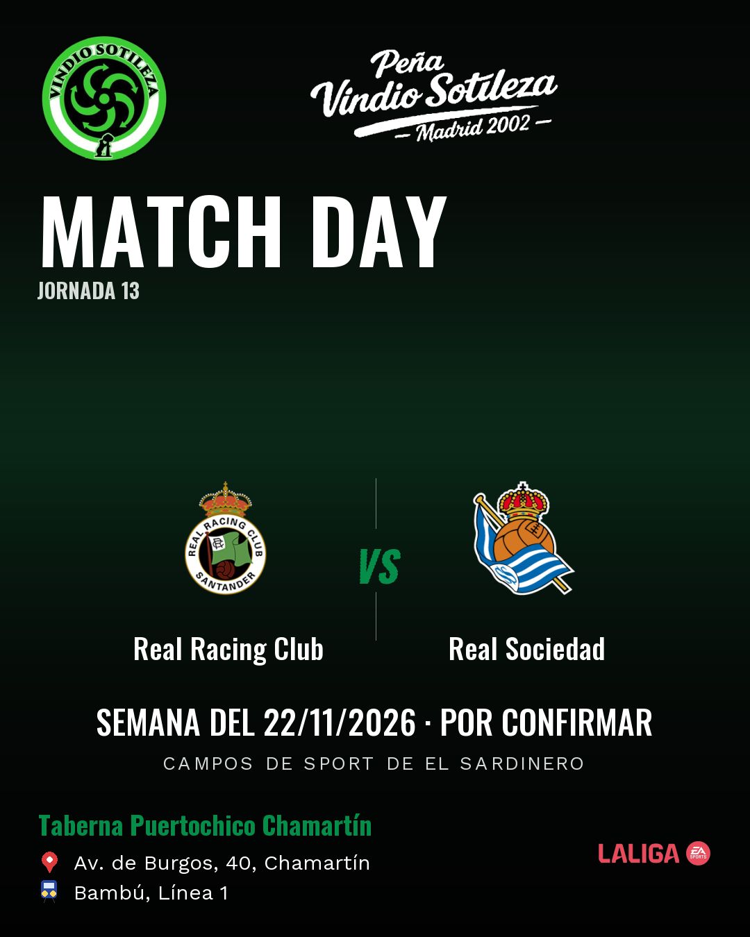 Cartel: Real Racing Club – Real Sociedad, 22 nov · día y hora por confirmar, quedamos en Taberna Puertochico Chamartín (Día de partido · pendiente)