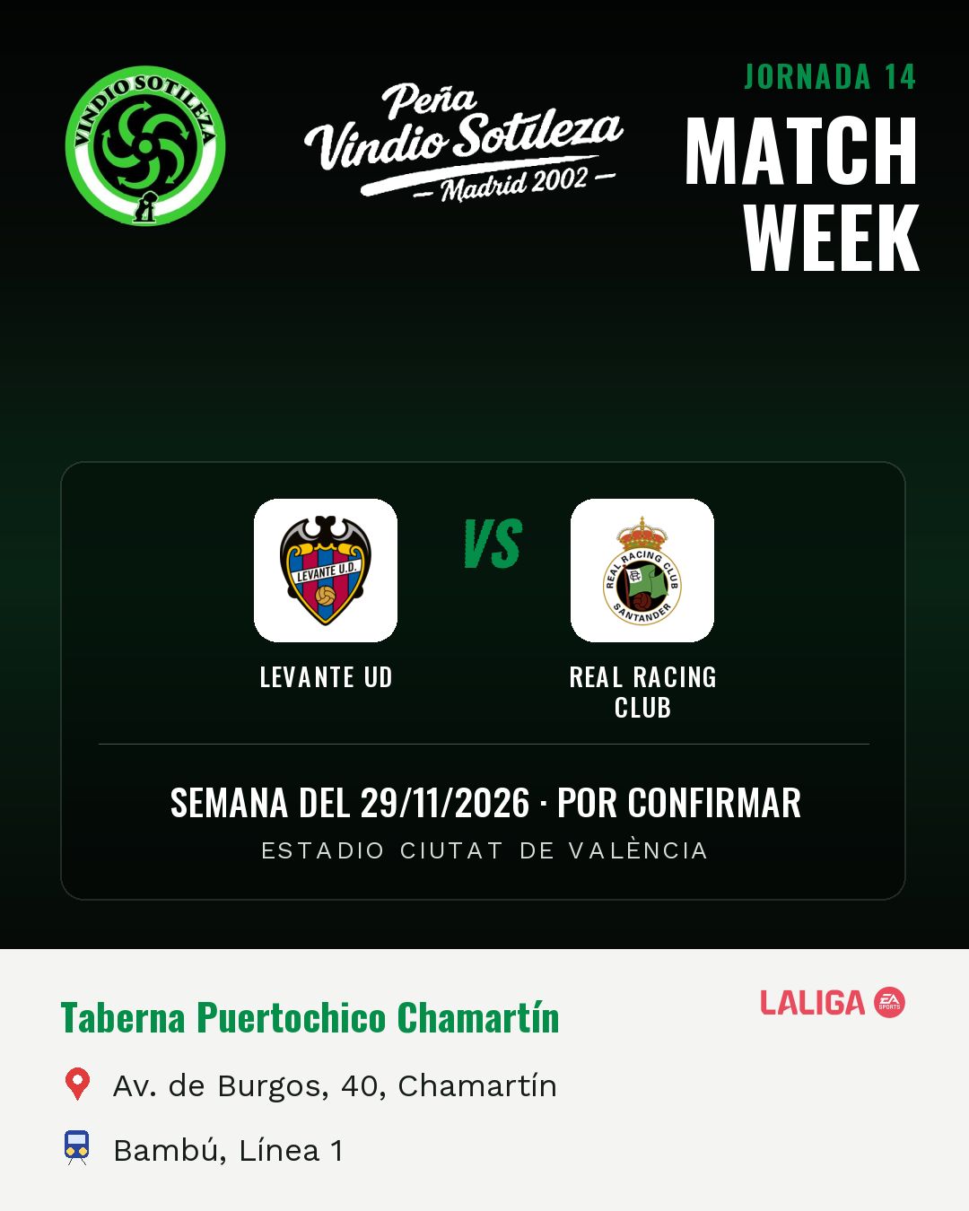 Cartel: Levante UD – Real Racing Club, 29 nov · día y hora por confirmar, quedamos en Taberna Puertochico Chamartín (Previa · pendiente)
