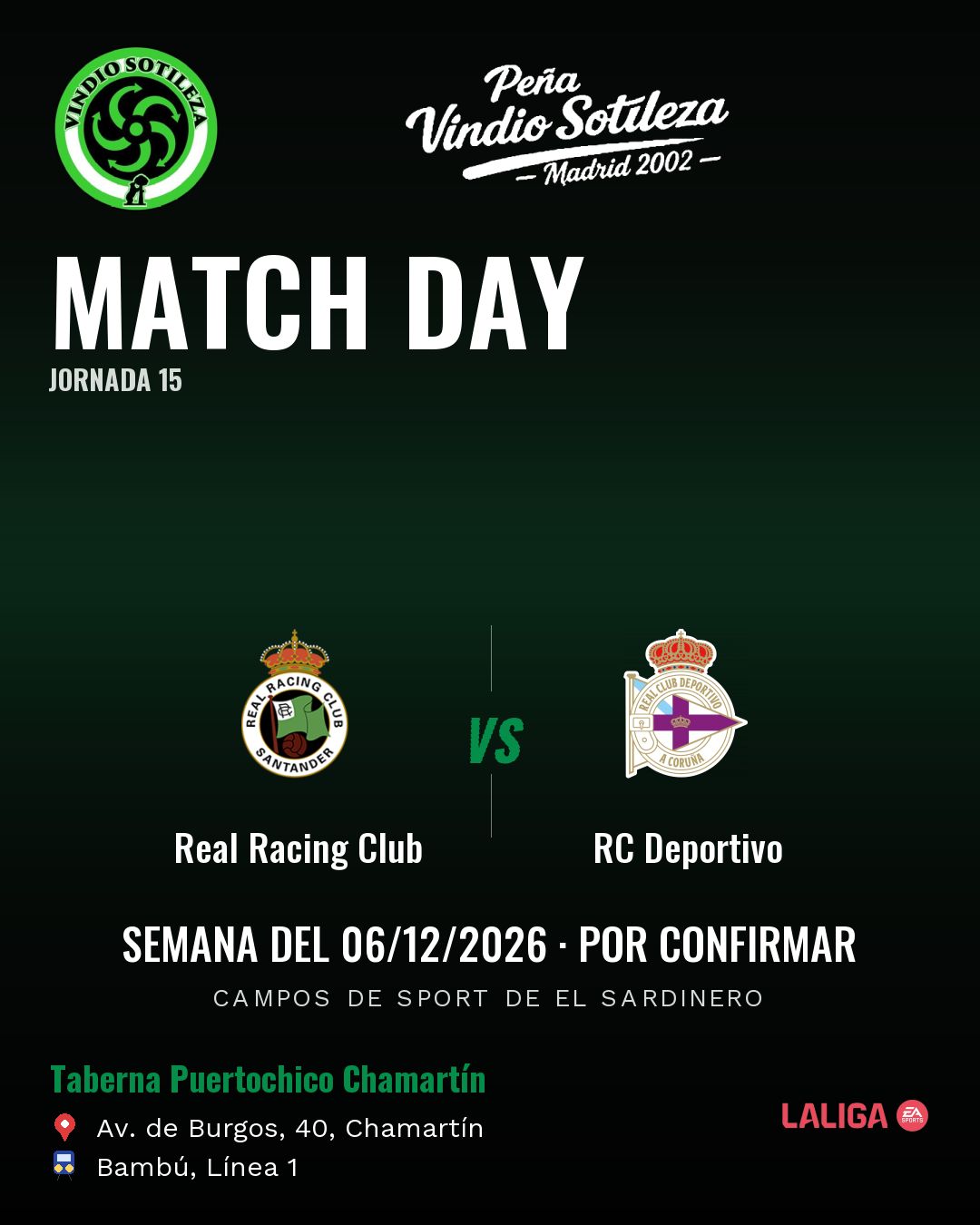 Cartel: Real Racing Club – RC Deportivo, 6 dic · día y hora por confirmar, quedamos en Taberna Puertochico Chamartín (Día de partido · pendiente)