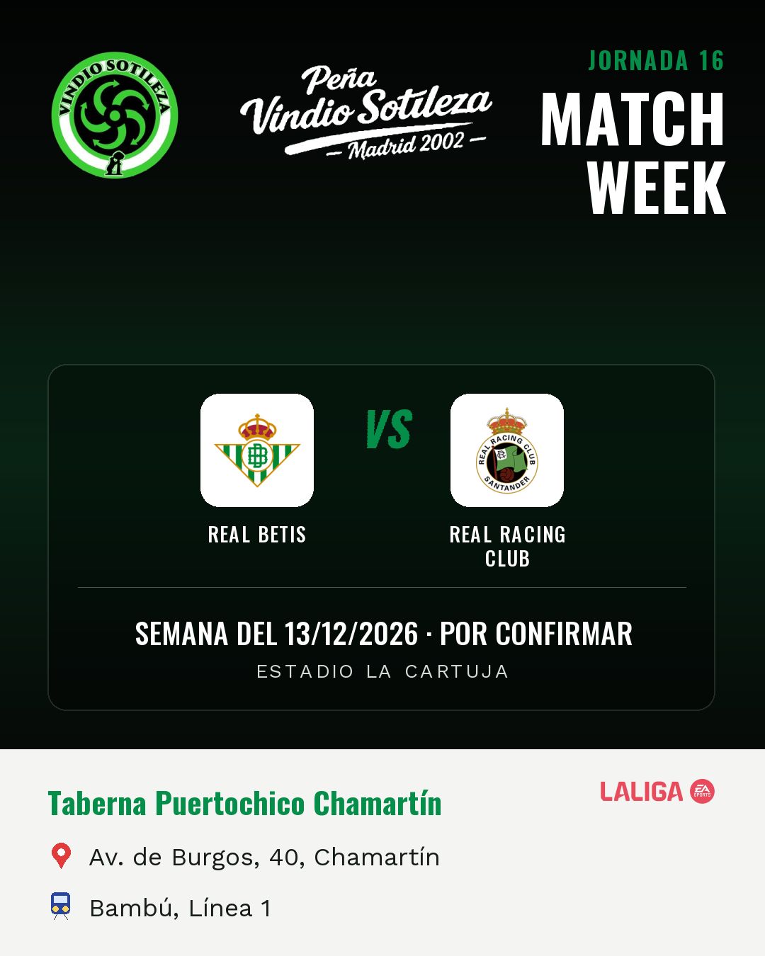 Cartel: Real Betis – Real Racing Club, 13 dic · día y hora por confirmar, quedamos en Taberna Puertochico Chamartín (Previa · pendiente)