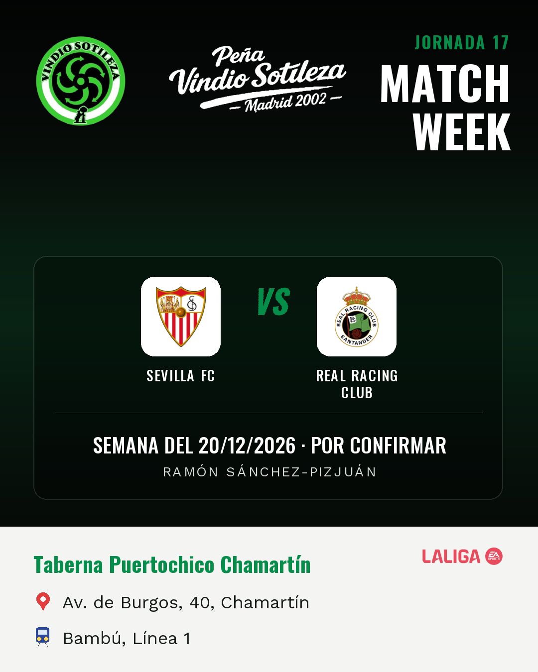 Cartel: Sevilla FC – Real Racing Club, 20 dic · día y hora por confirmar, quedamos en Taberna Puertochico Chamartín (Previa · pendiente)