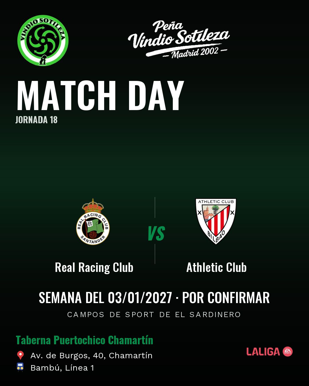 Cartel: Real Racing Club – Athletic Club, 3 ene · día y hora por confirmar, quedamos en Taberna Puertochico Chamartín (Día de partido · pendiente)