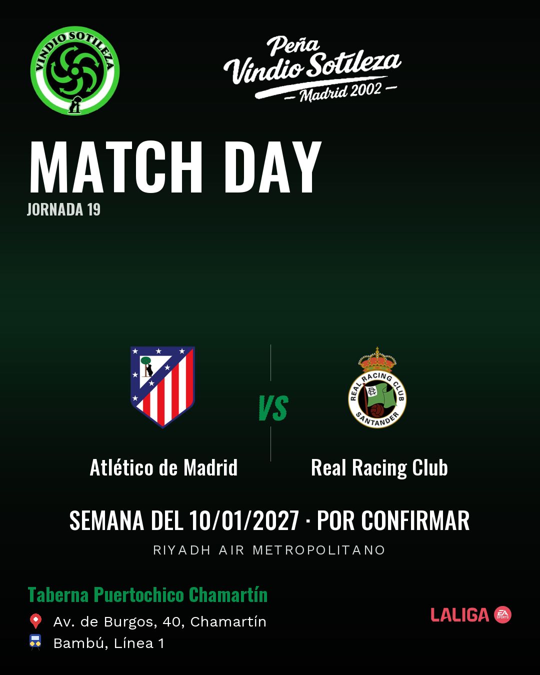 Cartel: Atlético de Madrid – Real Racing Club, 10 ene · día y hora por confirmar, quedamos en Taberna Puertochico Chamartín (Día de partido · pendiente)