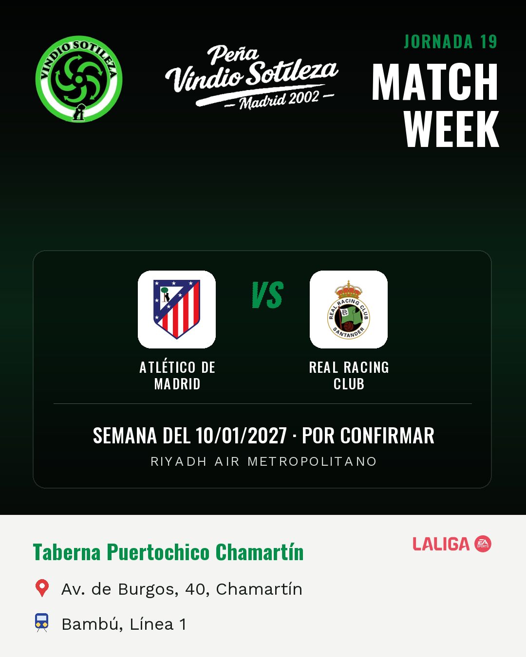 Cartel: Atlético de Madrid – Real Racing Club, 10 ene · día y hora por confirmar, quedamos en Taberna Puertochico Chamartín (Previa · pendiente)