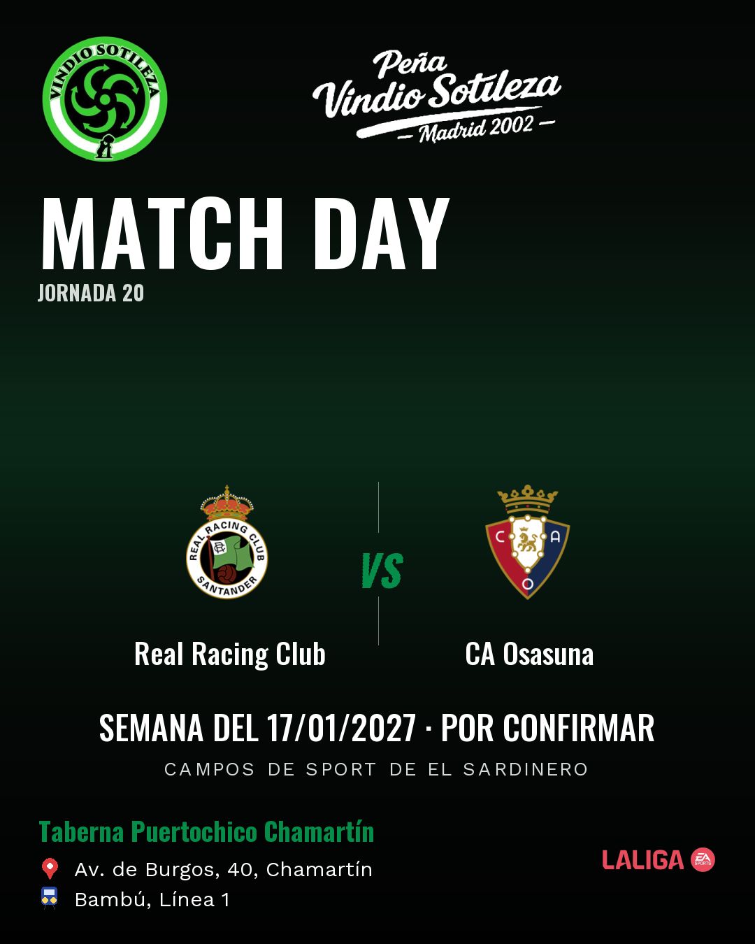 Cartel: Real Racing Club – CA Osasuna, 17 ene · día y hora por confirmar, quedamos en Taberna Puertochico Chamartín (Día de partido · pendiente)