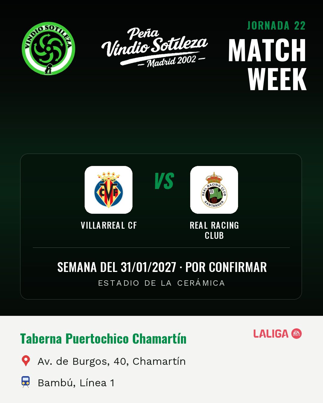 Cartel: Villarreal CF – Real Racing Club, 31 ene · día y hora por confirmar, quedamos en Taberna Puertochico Chamartín (Previa · pendiente)