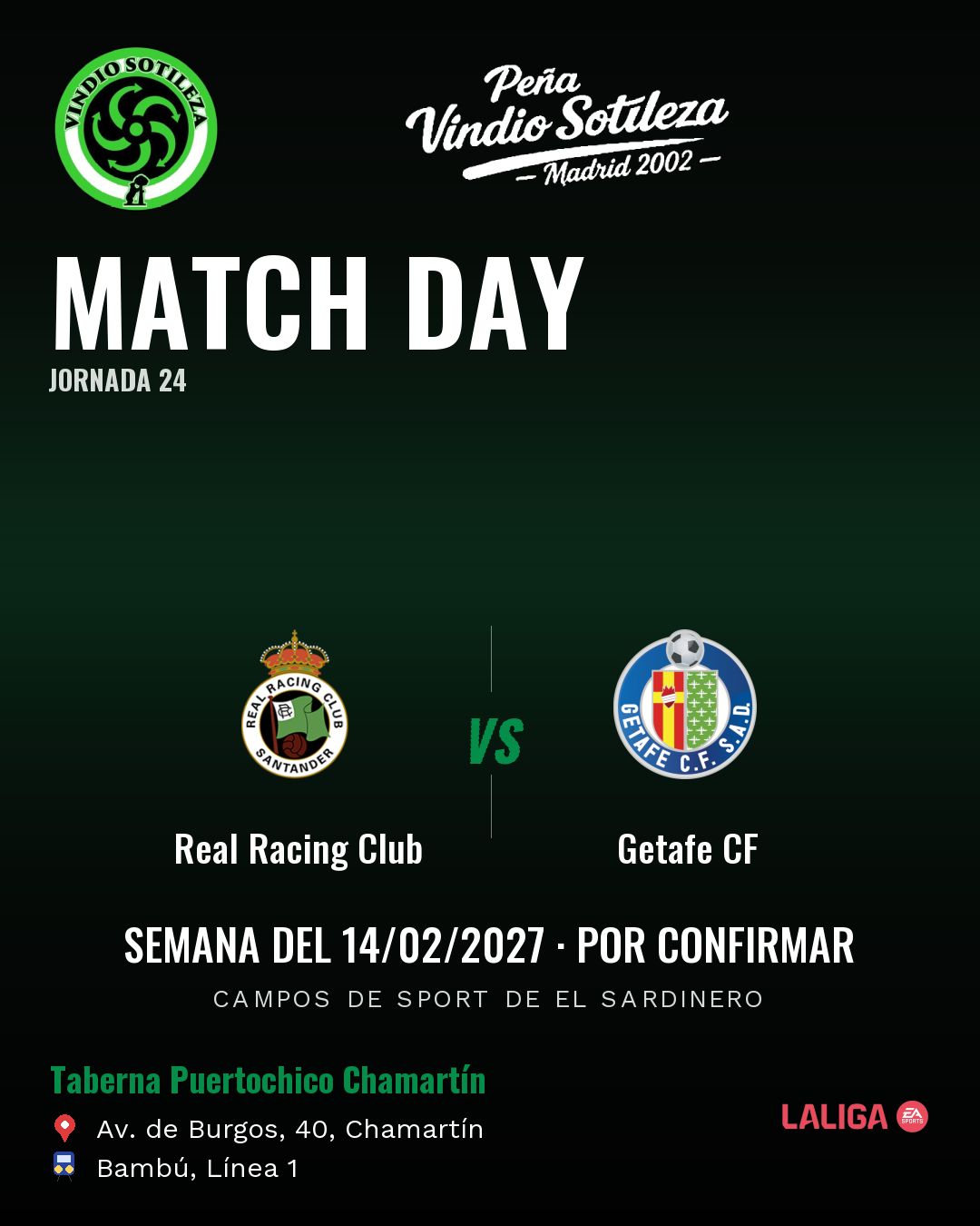 Cartel: Real Racing Club – Getafe CF, 14 feb · día y hora por confirmar, quedamos en Taberna Puertochico Chamartín (Día de partido · pendiente)