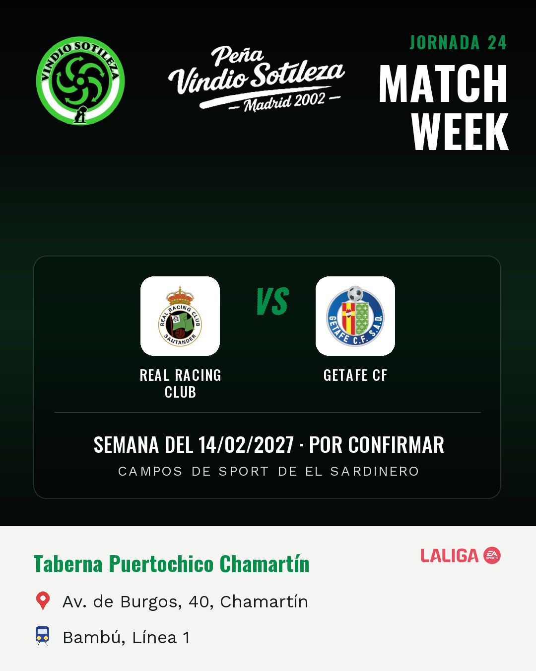 Cartel: Real Racing Club – Getafe CF, 14 feb · día y hora por confirmar, quedamos en Taberna Puertochico Chamartín (Previa · pendiente)