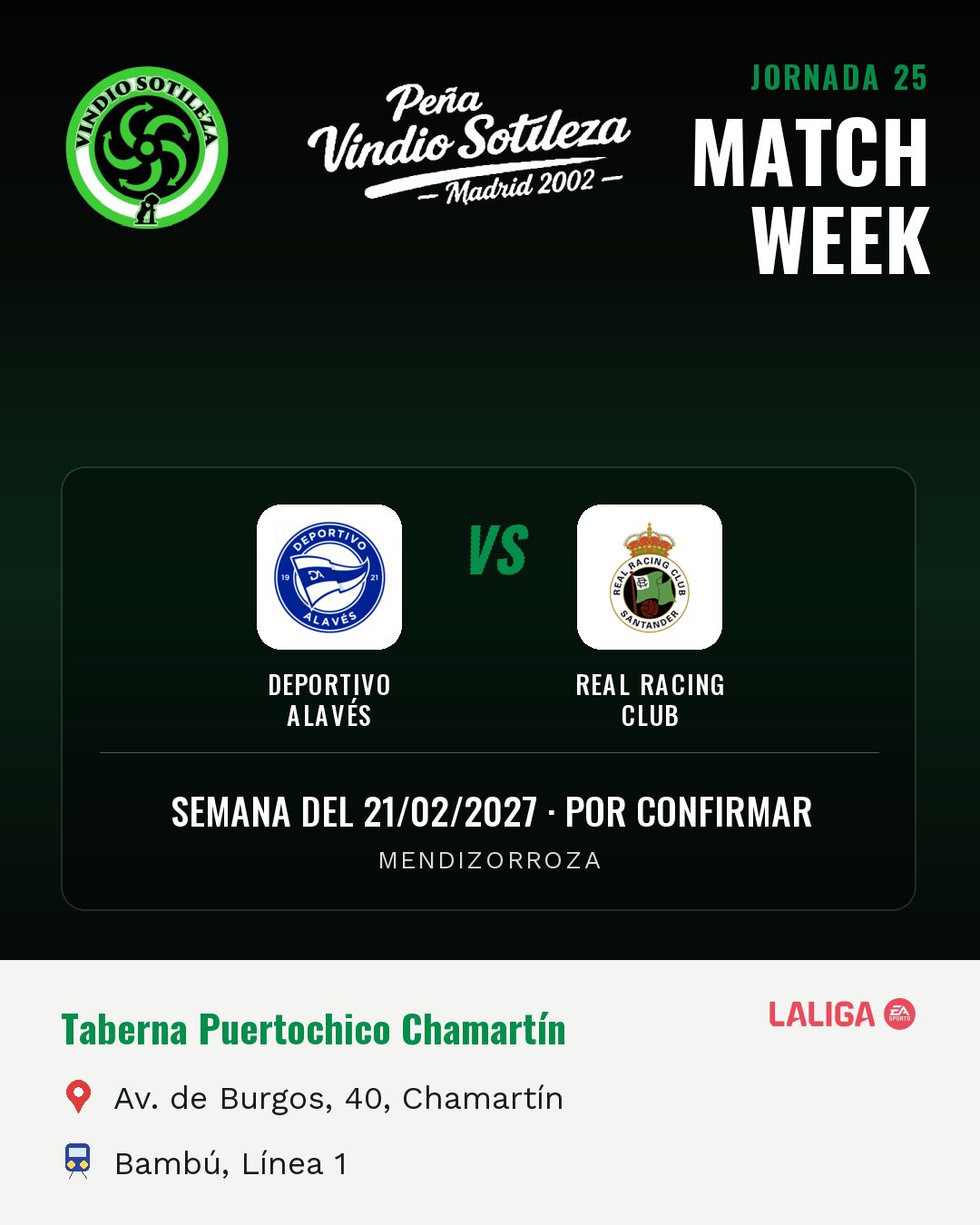 Cartel: Deportivo Alavés – Real Racing Club, 21 feb · día y hora por confirmar, quedamos en Taberna Puertochico Chamartín (Previa · pendiente)