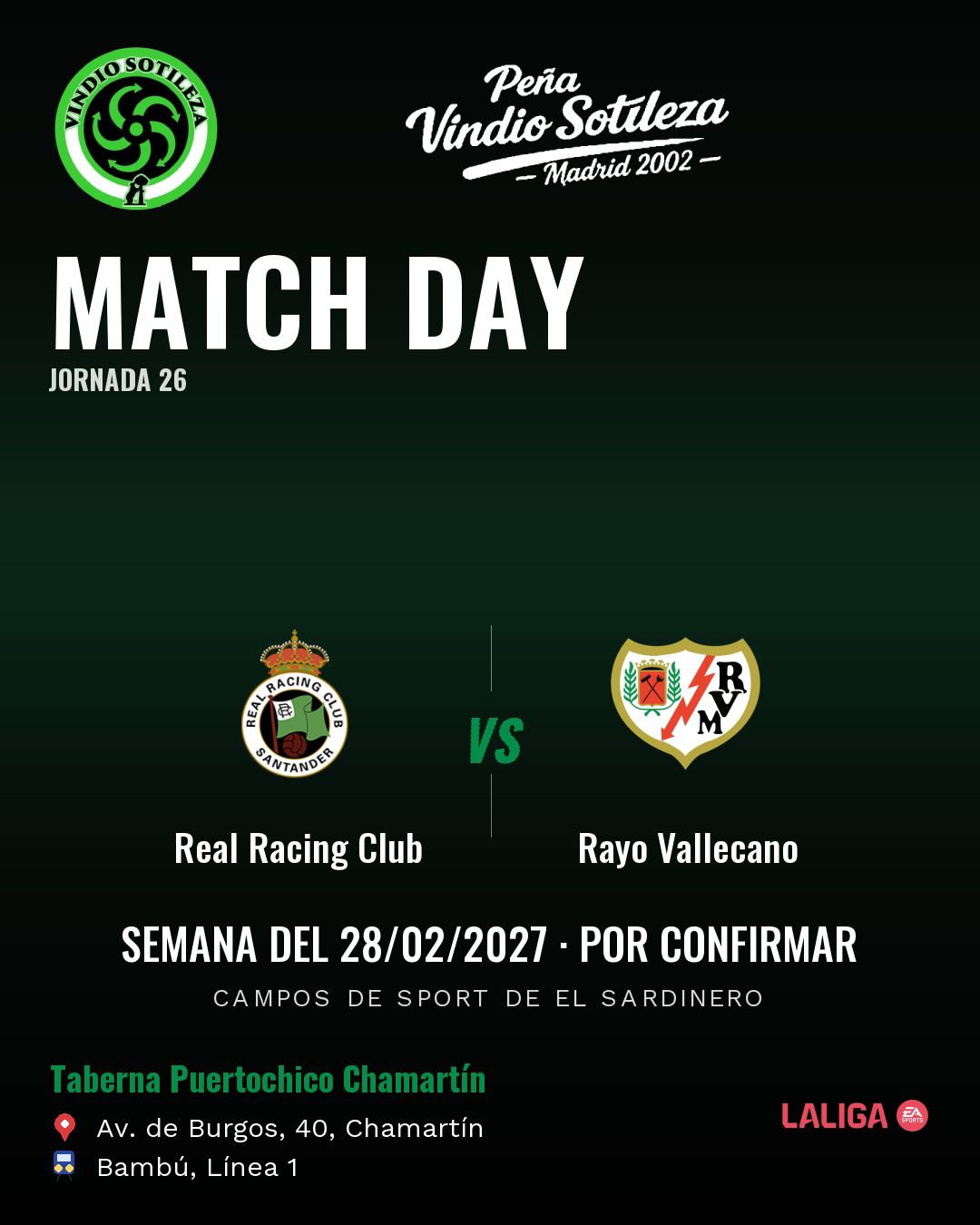 Cartel: Real Racing Club – Rayo Vallecano, 28 feb · día y hora por confirmar, quedamos en Taberna Puertochico Chamartín (Día de partido · pendiente)