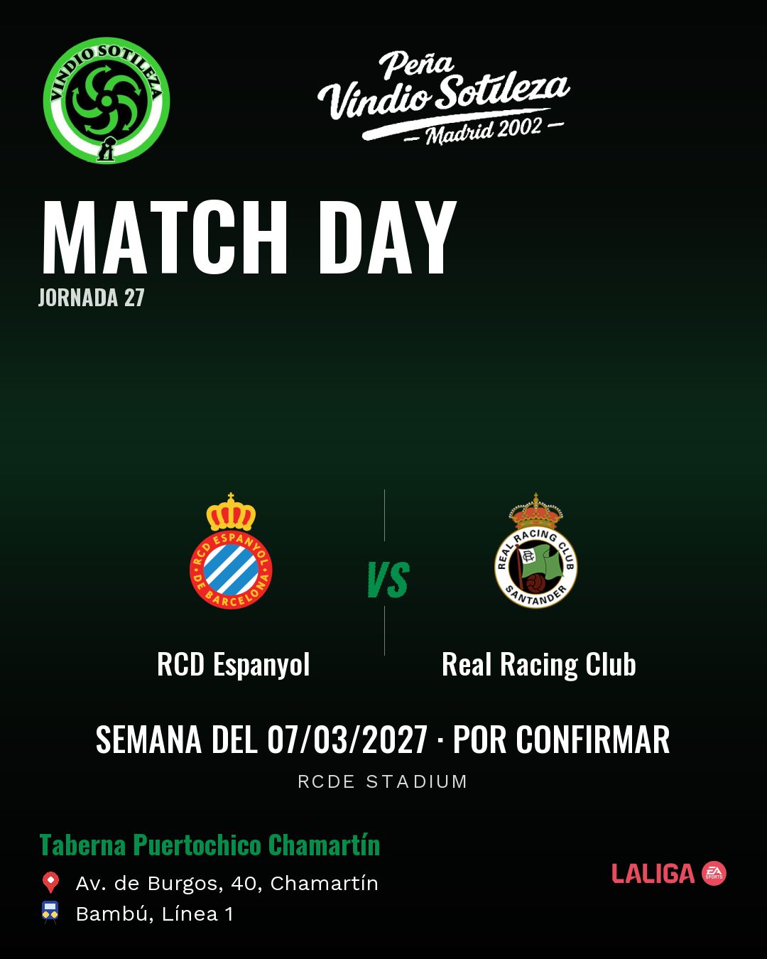 Cartel: RCD Espanyol – Real Racing Club, 7 mar · día y hora por confirmar, quedamos en Taberna Puertochico Chamartín (Día de partido · pendiente)