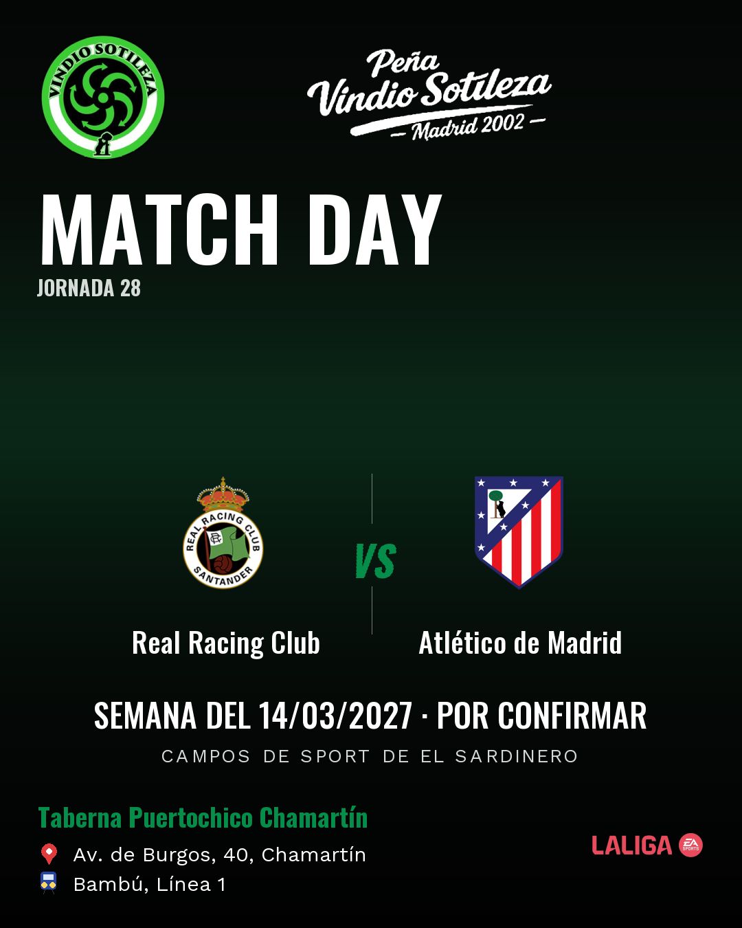 Cartel: Real Racing Club – Atlético de Madrid, 14 mar · día y hora por confirmar, quedamos en Taberna Puertochico Chamartín (Día de partido · pendiente)