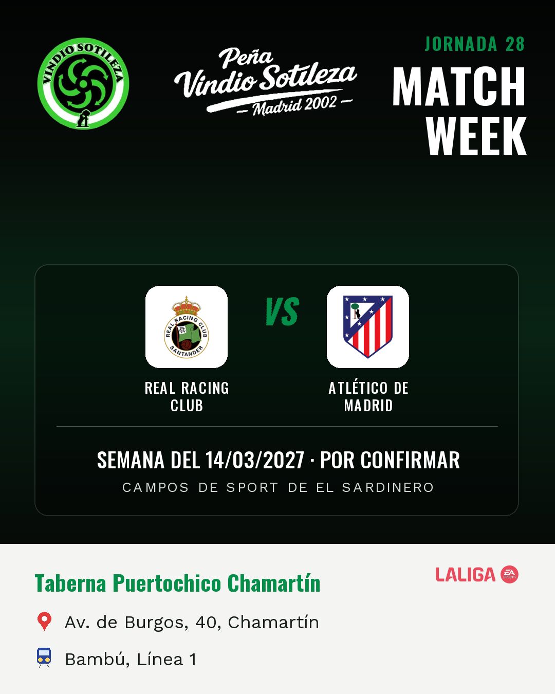 Cartel: Real Racing Club – Atlético de Madrid, 14 mar · día y hora por confirmar, quedamos en Taberna Puertochico Chamartín (Previa · pendiente)