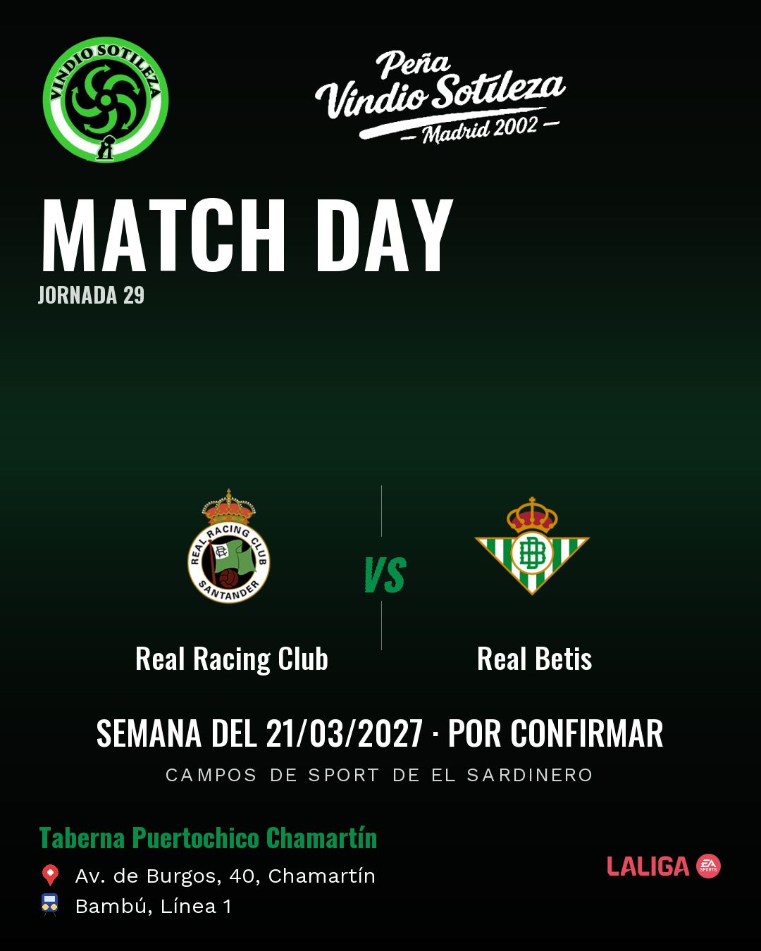 Cartel: Real Racing Club – Real Betis, 21 mar · día y hora por confirmar, quedamos en Taberna Puertochico Chamartín (Día de partido · pendiente)