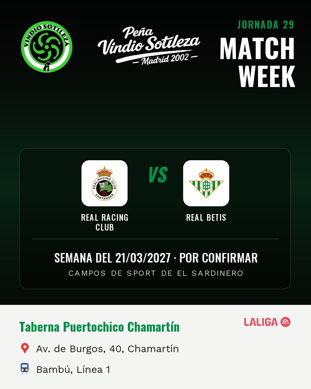 Cartel: Real Racing Club – Real Betis, 21 mar · día y hora por confirmar, quedamos en Taberna Puertochico Chamartín (Previa · pendiente)