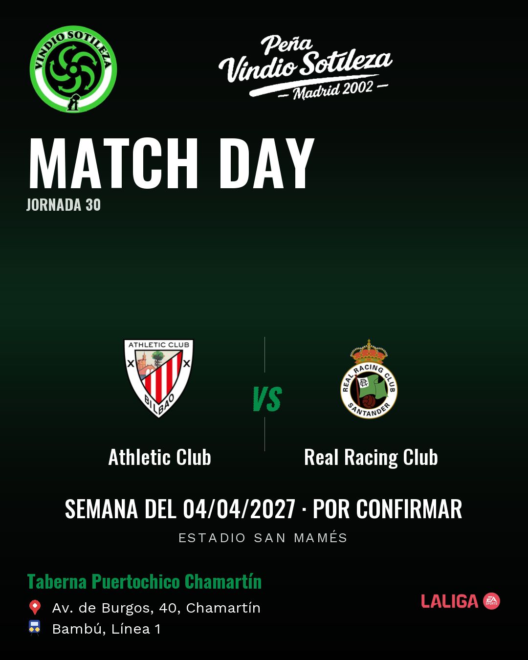 Cartel: Athletic Club – Real Racing Club, 4 abr · día y hora por confirmar, quedamos en Taberna Puertochico Chamartín (Día de partido · pendiente)