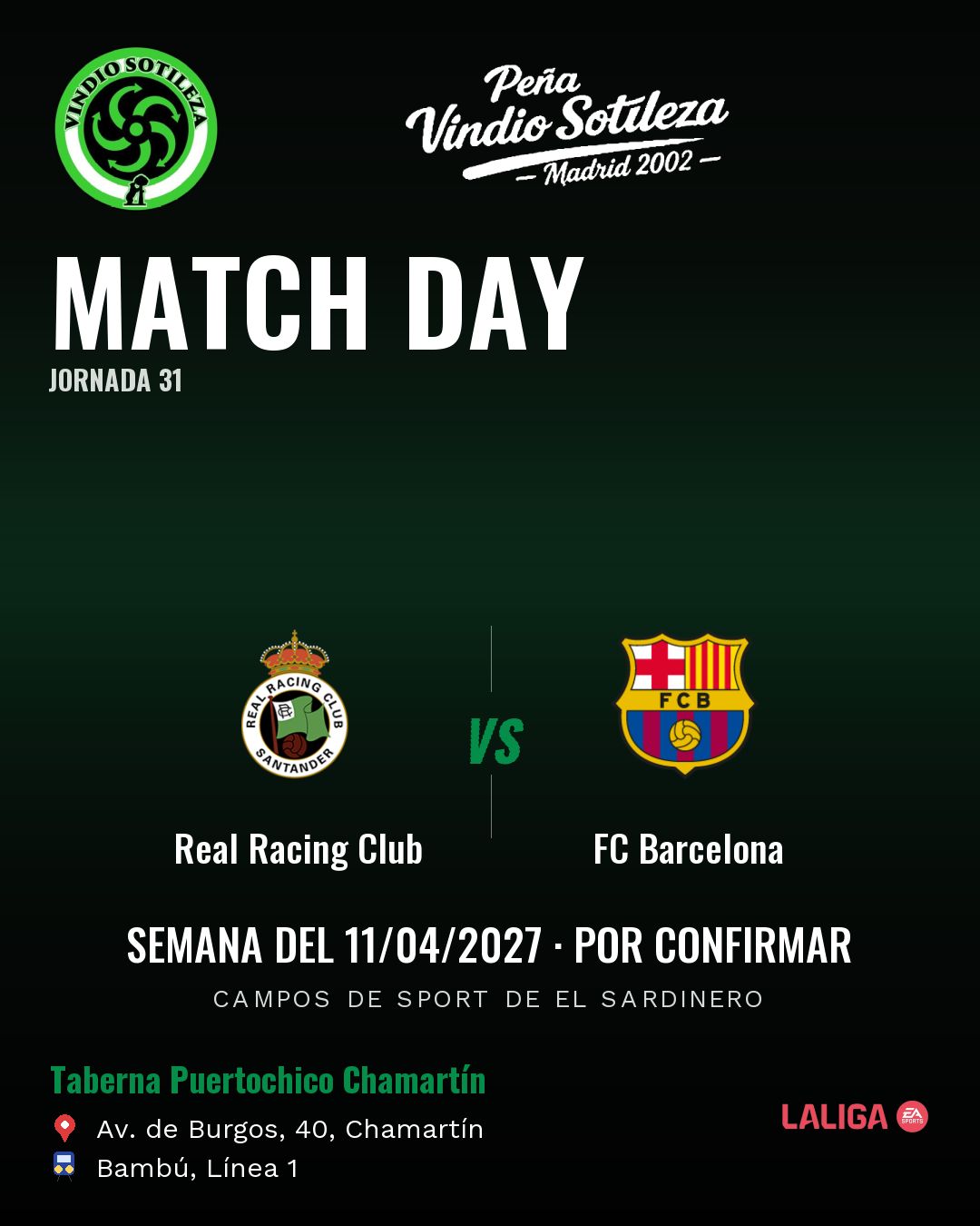 Cartel: Real Racing Club – FC Barcelona, 11 abr · día y hora por confirmar, quedamos en Taberna Puertochico Chamartín (Día de partido · pendiente)