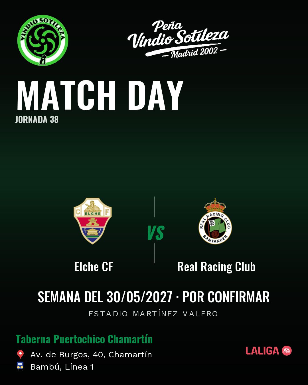 Cartel: Elche CF – Real Racing Club, 30 may · día y hora por confirmar, quedamos en Taberna Puertochico Chamartín (Día de partido · pendiente)