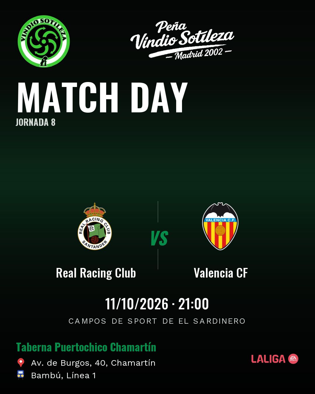 Cartel: Real Racing Club – Valencia CF, dom 11 oct · 21:00, quedamos en Taberna Puertochico Chamartín (Día de partido · pendiente)