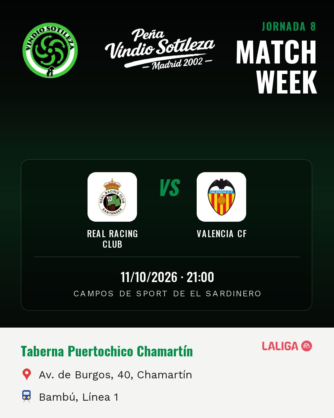 Cartel: Real Racing Club – Valencia CF, dom 11 oct · 21:00, quedamos en Taberna Puertochico Chamartín (Previa · pendiente)