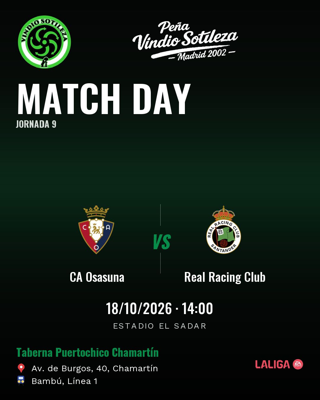 Cartel: CA Osasuna – Real Racing Club, dom 18 oct · 14:00, quedamos en Taberna Puertochico Chamartín (Día de partido · pendiente)