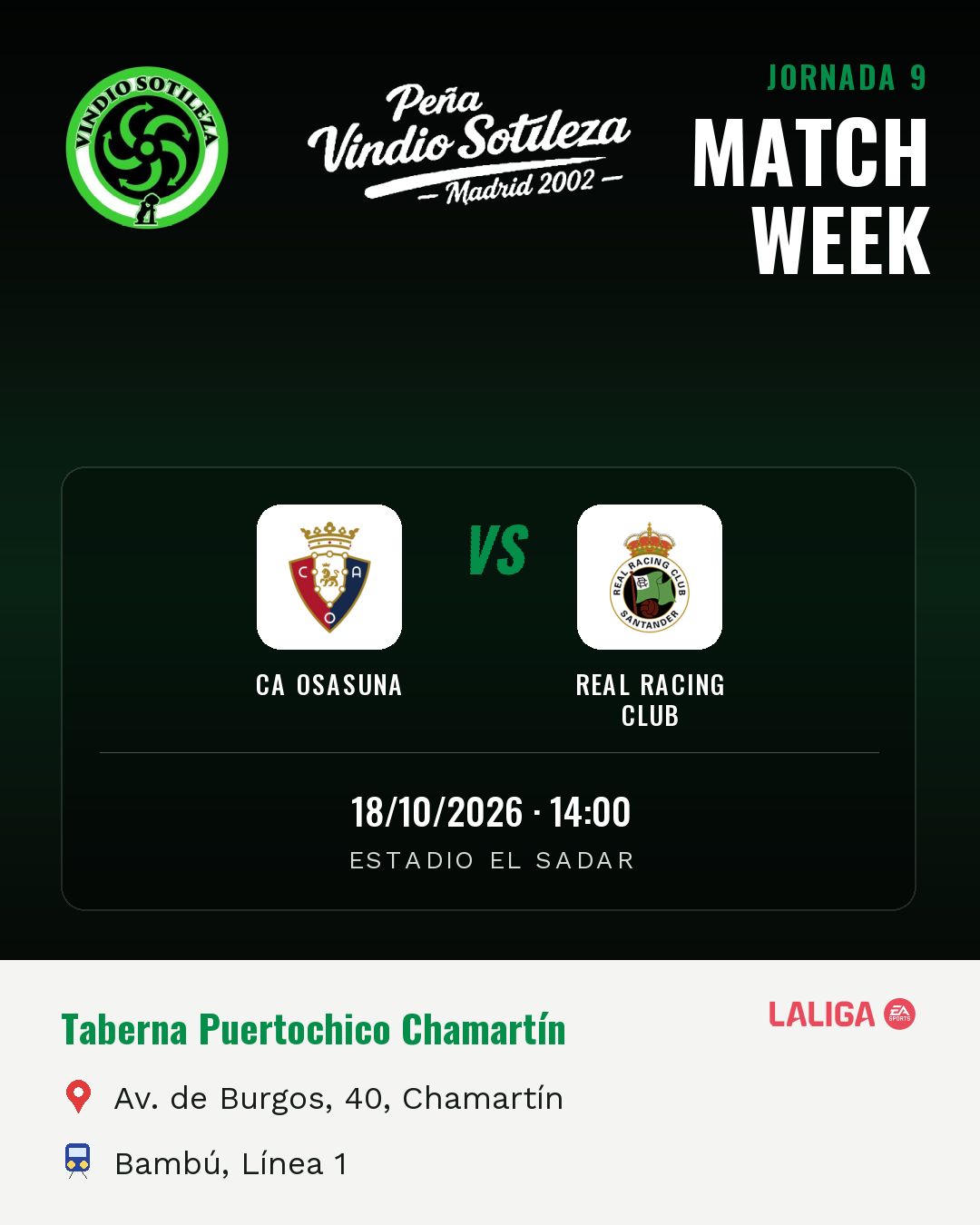 Cartel: CA Osasuna – Real Racing Club, dom 18 oct · 14:00, quedamos en Taberna Puertochico Chamartín (Previa · pendiente)