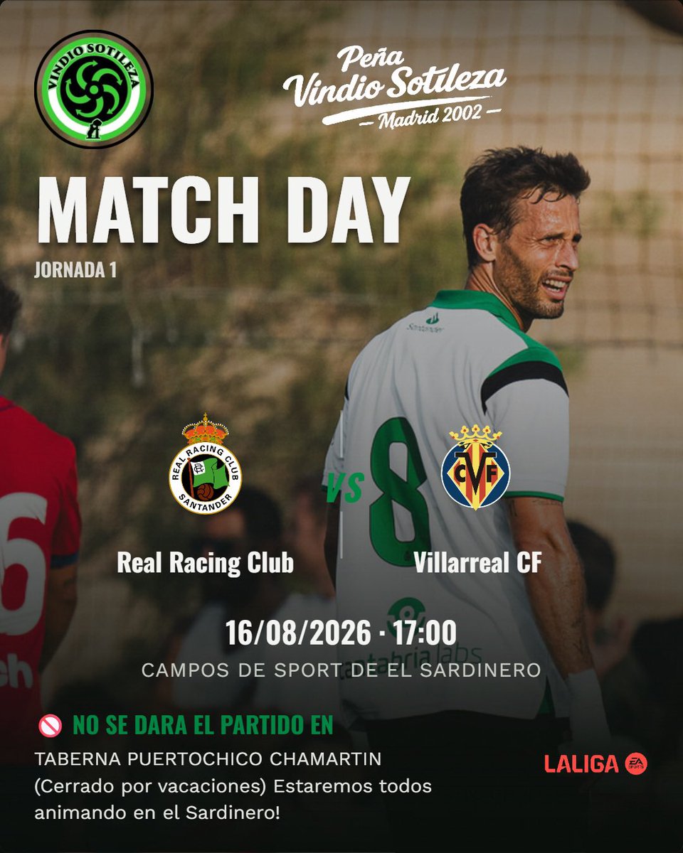 Cartel: Real Racing Club – Villarreal CF, dom 16 ago · 17:00, quedamos en Taberna Puertochico Chamartín (Día de partido)