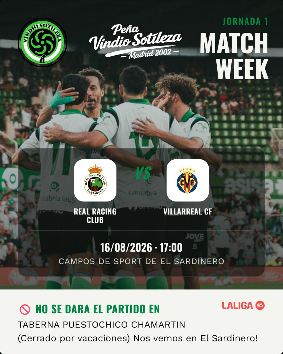 Cartel: Real Racing Club – Villarreal CF, dom 16 ago · 17:00, quedamos en Taberna Puertochico Chamartín (Previa)