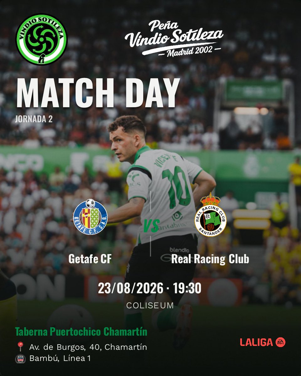 Cartel: Getafe CF – Real Racing Club, dom 23 ago · 19:30, quedamos en Taberna Puertochico Chamartín (Día de partido)