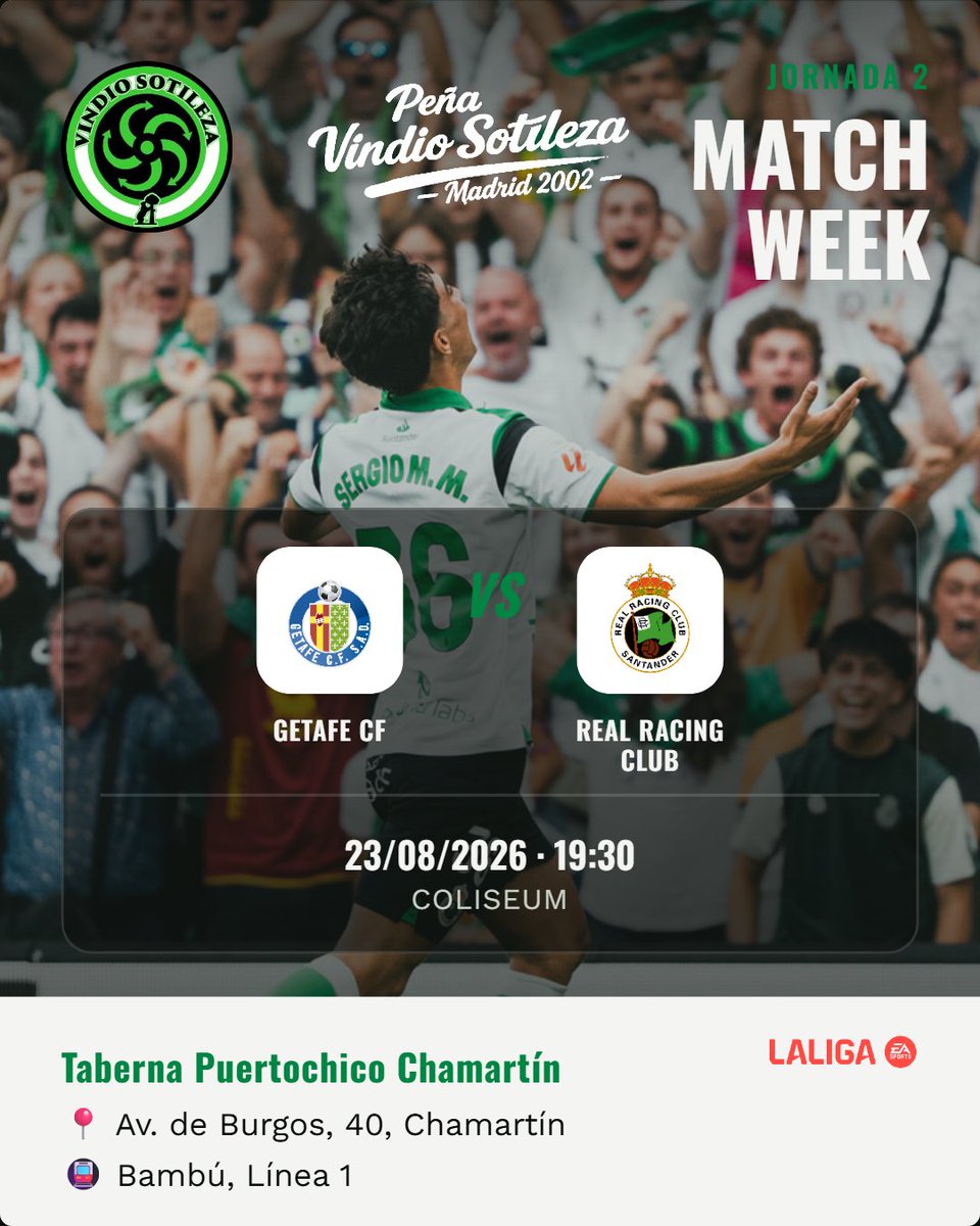 Cartel: Getafe CF – Real Racing Club, dom 23 ago · 19:30, quedamos en Taberna Puertochico Chamartín (Previa)