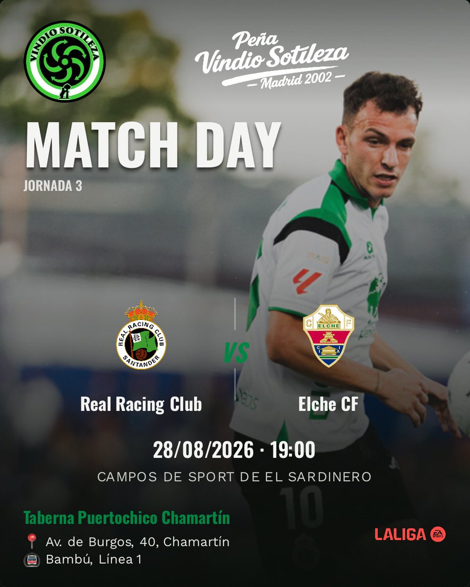 Cartel: Real Racing Club – Elche CF, vie 28 ago · 19:00, quedamos en Taberna Puertochico Chamartín (Día de partido)