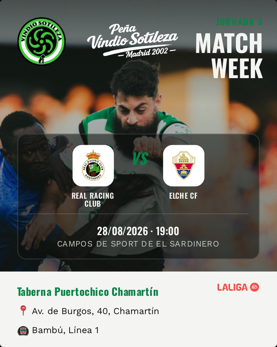 Cartel: Real Racing Club – Elche CF, vie 28 ago · 19:00, quedamos en Taberna Puertochico Chamartín (Previa)