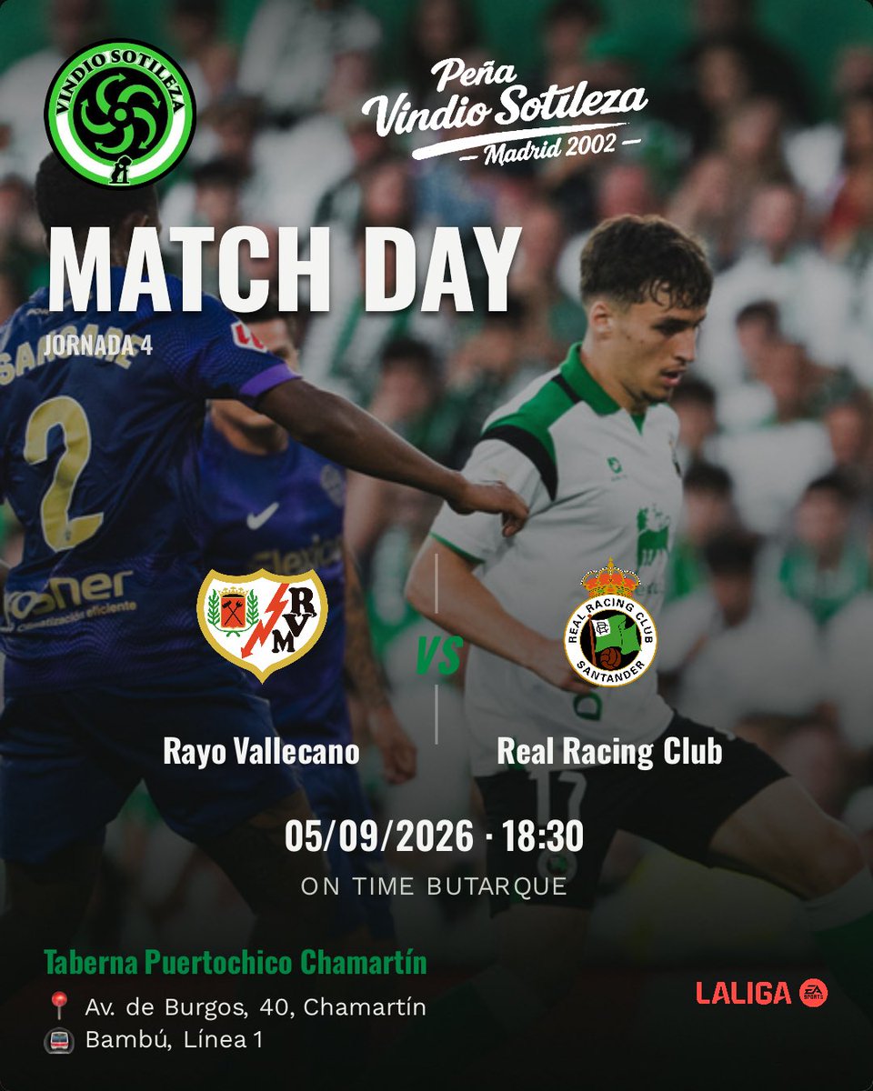 Cartel: Rayo Vallecano – Real Racing Club, sáb 5 sept · 18:30, quedamos en Taberna Puertochico Chamartín (Día de partido)
