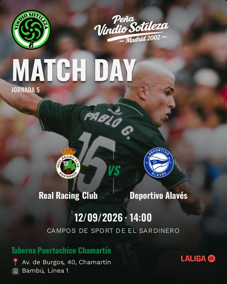 Cartel: Real Racing Club – Deportivo Alavés, sáb 12 sept · 14:00, quedamos en Taberna Puertochico Chamartín (Día de partido)
