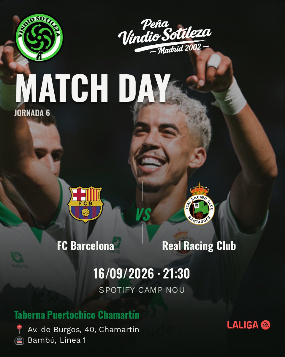 Cartel: FC Barcelona – Real Racing Club, mié 16 sept · 21:30, quedamos en Taberna Puertochico Chamartín (Día de partido)
