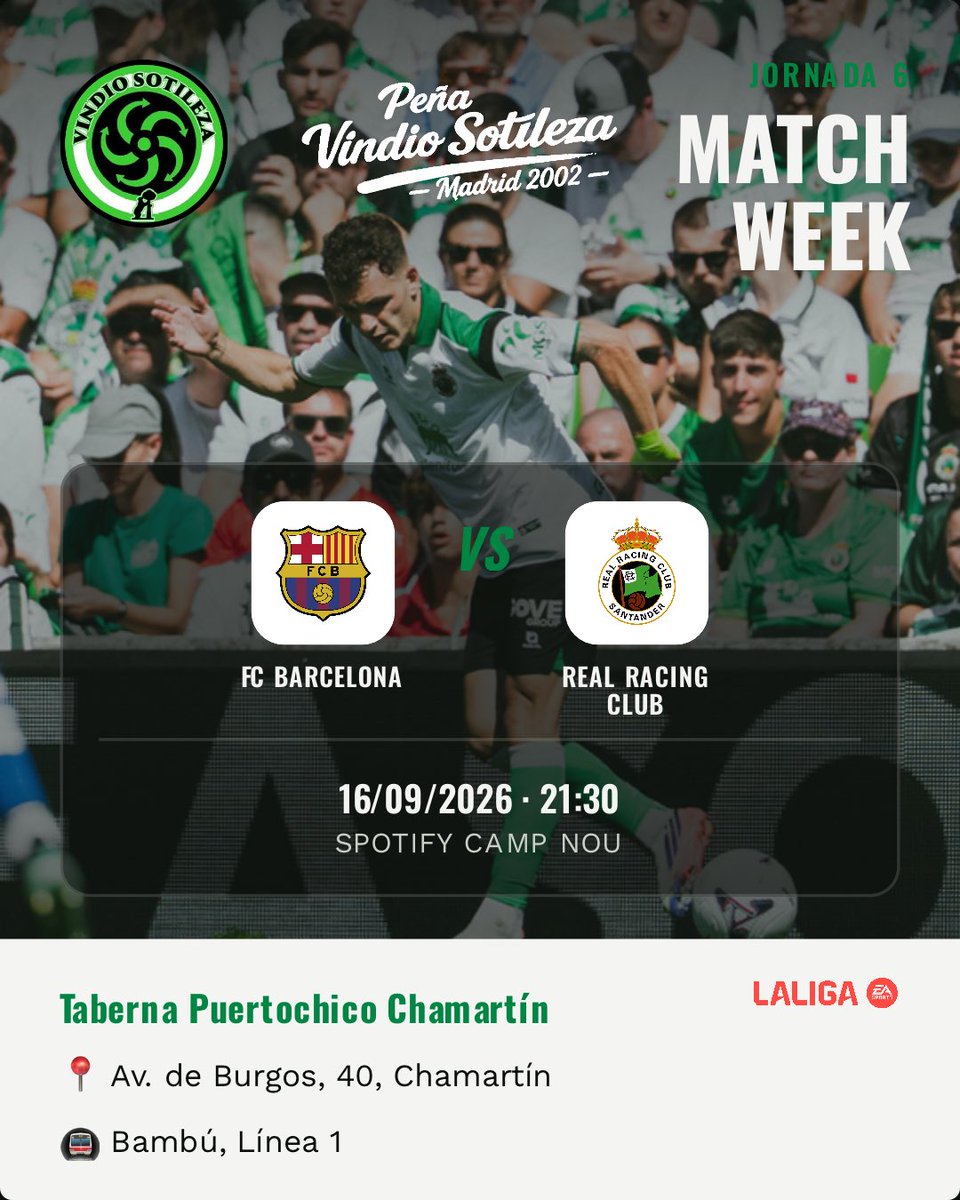 Cartel: FC Barcelona – Real Racing Club, mié 16 sept · 21:30, quedamos en Taberna Puertochico Chamartín (Previa)