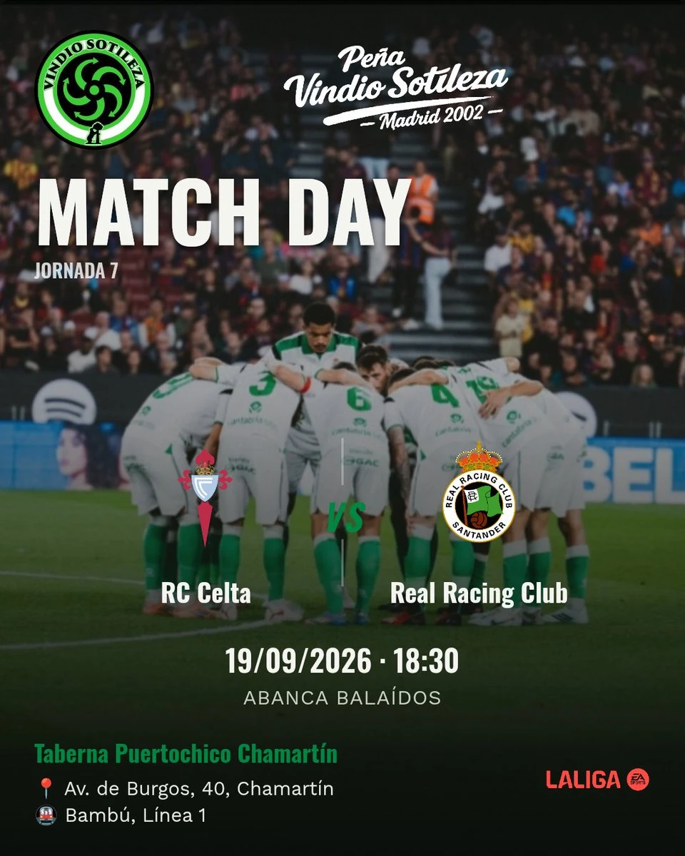 Cartel: RC Celta – Real Racing Club, sáb 19 sept · 18:30, quedamos en Taberna Puertochico Chamartín (Día de partido)
