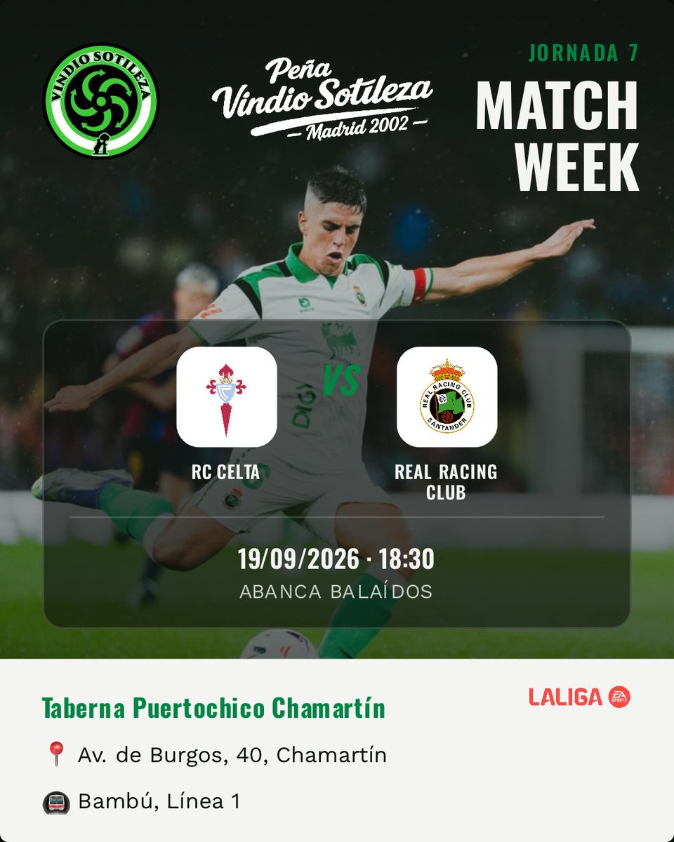 Cartel: RC Celta – Real Racing Club, sáb 19 sept · 18:30, quedamos en Taberna Puertochico Chamartín (Previa)